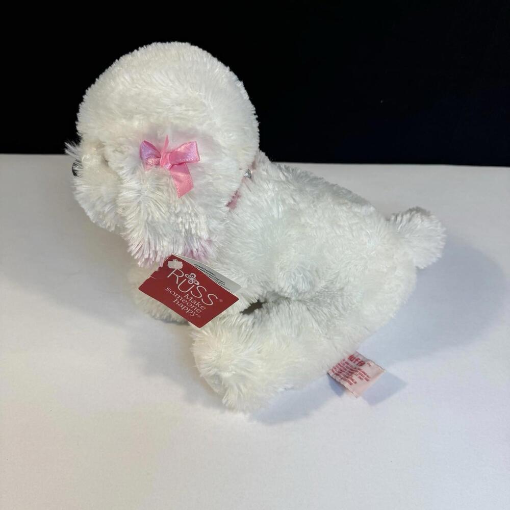 Russ Vintage Berrie MUFFIN Soft Plush Toy Puppy Dog ~ Pink Tip Ears & Bows ~ Tag - Picture 4 of 9
